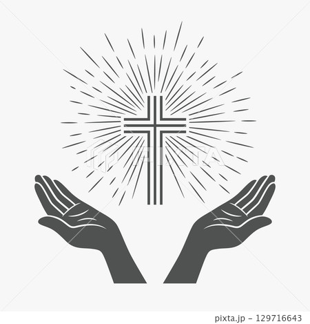 Black and White Open Hands with Cross and Divine Light, Symbol of Faith and Prayer. Design Template for Church Logo. Prayer, Religion Concept Monochrome Cut Out Silhouette Icon. Vector Illustration 129716643