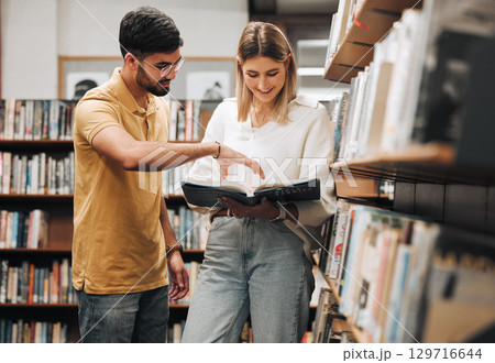 Students, library and discussion for man, woman or book for knowledge, learning or information in university. Bookshelf, conversation and reading for college student, friends or education for success Students, library and discussion for man, woman or book for knowledge, learning or information in university. Bookshelf, conversation and reading for college student, friends or education for success 129716644