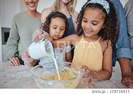 Family, learning and kids pouring milk in bowl while baking in home kitchen. Education, chef and girls cooking with mother, father and grandparents teaching them how to bake delicious pastry in house Family, learning and kids pouring milk in bowl while baking in home kitchen. Education, chef and girls cooking with mother, father and grandparents teaching them how to bake delicious pastry in house 129716815