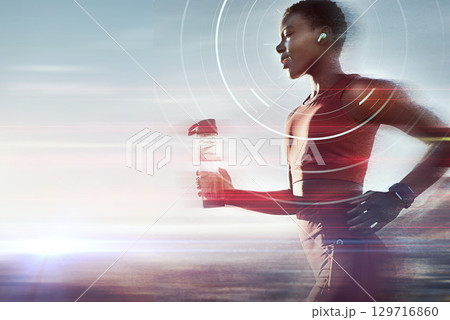 Black woman, water bottle or running earphones for futuristic motivation, sound waves or energy field. Fitness, sports athlete or runner listening to fitness radio podcast for nature workout training 129716860