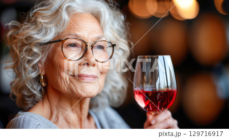 Elderly woman enjoying a glass of red wine in a cozy setting with warm lighting and wooden barrels 129716917