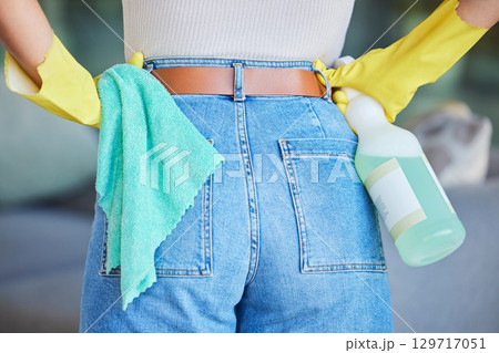 Cleaning service, product and woman hands with bottle, liquid spray solution and cloth for home, hotel or hospitality industry, career or business. Spring cleaning, worker jeans and bacteria cleaner Cleaning service, product and woman hands with bottle, liquid spray solution and cloth for home, hotel or hospitality industry, career or business. Spring cleaning, worker jeans and bacteria cleaner 129717051
