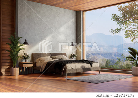 Modern loft style bedroom with mountain view background 3D render Modern loft style bedroom with mountain view background 3D render 129717178
