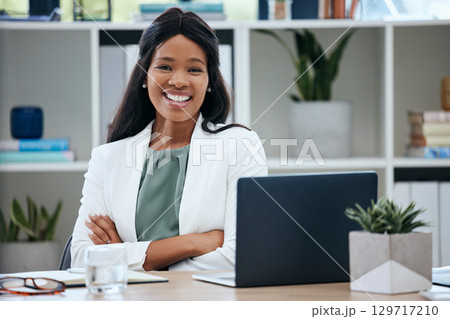 Face, leadership and black woman with arms crossed in office ready for tasks, goals and targets. Boss, ceo and portrait of happy manager from Nigeria at desk with vision, smile and success mindset. Face, leadership and black woman with arms crossed in office ready for tasks, goals and targets. Boss, ceo and portrait of happy manager from Nigeria at desk with vision, smile and success mindset. 129717210