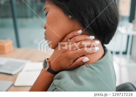 Neck pain, tired and black woman with burnout from work, business stress and working with muscle injury. Anxiety, medical fatigue and African worker sad about body pain at a corporate company 129717218
