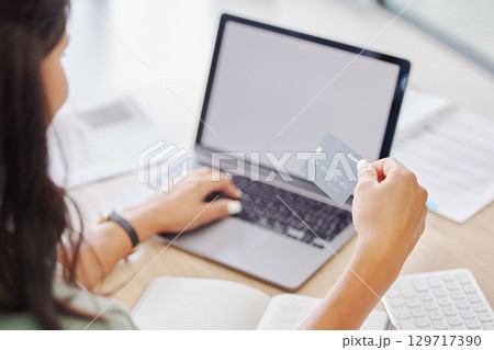 Ecommerce, credit card and online shopping mockup of woman buying product from internet store, website and using laptop to place order. E commerce, digital retail and debit card fintech to pay on web Ecommerce, credit card and online shopping mockup of woman buying product from internet store, website and using laptop to place order. E commerce, digital retail and debit card fintech to pay on web 129717390