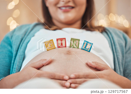 Pregnancy, mother pregnant and building blocks for child gender reveal of girl daughter. Future mom, healthy kid and prenatal woman with hands on stomach for baby love, bonding and pain relief care 129717567