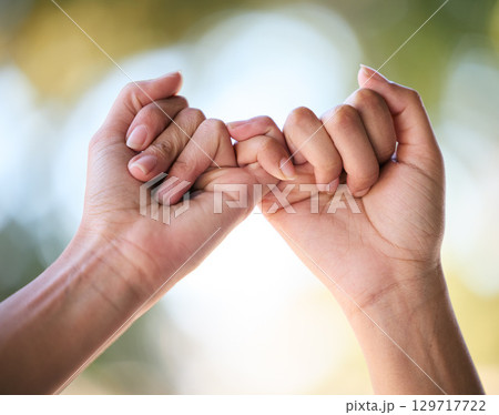 Friends hands, promise and hook fingers for support, trust and love together in nature outdoor. Zoom women and connect pinky hand in hope, respect and commitment link of save the date relationship Friends hands, promise and hook fingers for support, trust and love together in nature outdoor. Zoom women and connect pinky hand in hope, respect and commitment link of save the date relationship 129717722
