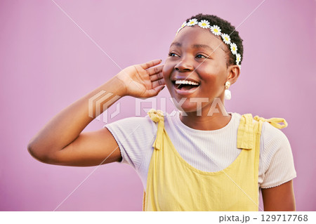 Happy, smile and black woman in a studio with a flower crown for a positive hipster aesthetic. Happiness, excited and young African female model with a floral headband isolated by a pink background. 129717768