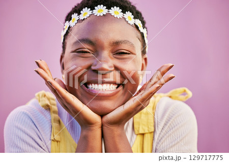 Happy, gen z and black woman student portrait with hippie daisy headband and optimistic smile. Happiness, youth and natural face of young girl in Los Angeles, USA at pink wall background. 129717775
