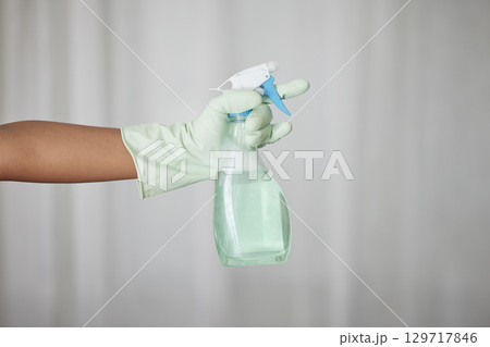 Cleaning, chemical product and cleaner hand with glove, hygiene, house work and detergent spray bottle for spring cleaning. Disinfectant, housekeeping and maid, cleaning service mockup and janitor. Cleaning, chemical product and cleaner hand with glove, hygiene, house work and detergent spray bottle for spring cleaning. Disinfectant, housekeeping and maid, cleaning service mockup and janitor. 129717846