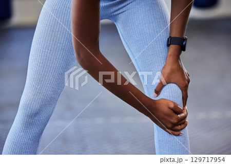 Sports, knee pain and injury for health problem, sport accident and fitness for healthcare. Woman, athlete and runner with muscle tension, physical therapy and fibromyalgia after training and workout 129717954