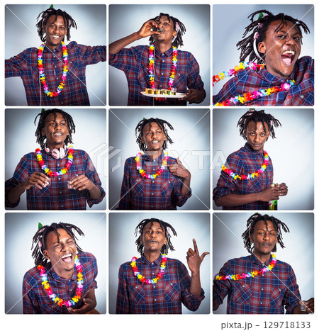 Alcohol shots, crazy and man drunk on spring break vacation, happy and excited for party celebration. Fun energy collage, vodka tequila drinks and African student celebrate with lei flowers and beer Alcohol shots, crazy and man drunk on spring break vacation, happy and excited for party celebration. Fun energy collage, vodka tequila drinks and African student celebrate with lei flowers and beer 129718133