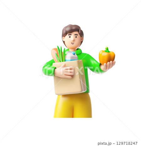Man holding paper shopping bag with food and showing pepper vegetable, 3D cartoon vector character carrying handle bag Man holding paper shopping bag with food and showing pepper vegetable, 3D cartoon vector character carrying handle bag 129718247
