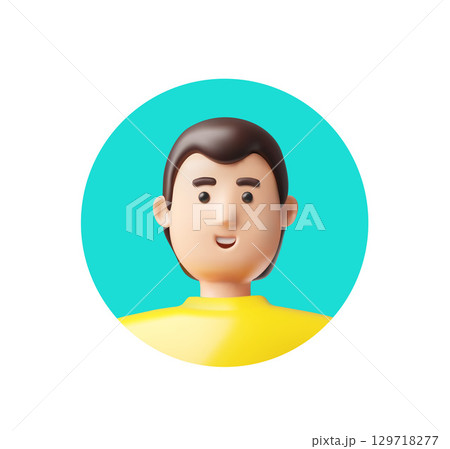 Brunette man 3D plastic style vector icon, smiling male with dark hair round portrait avatar, guy wear yellow t-shirt 129718277