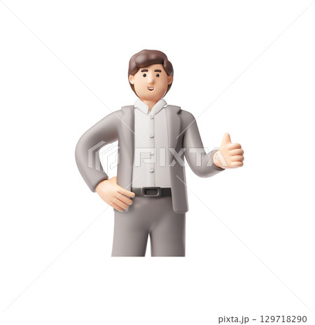 Brunette businessman in a suit standing and showing thumb up hand gesture, 3D vector approval office manager character Brunette businessman in a suit standing and showing thumb up hand gesture, 3D vector approval office manager character 129718290