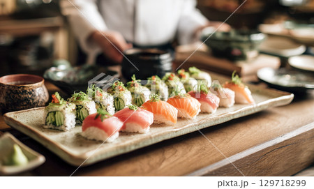 A chef is preparing an elegant and fresh platter of different types of sushi and nigiri. The selection includes various rolls and fish, beautifully presented on a rustic plate, ready to be served 129718299