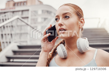 City, fitness and woman with phone call, communication and talking after exercise on stairs. Health, workout and personal trainer on smartphone, conversation and connect or network in sports training City, fitness and woman with phone call, communication and talking after exercise on stairs. Health, workout and personal trainer on smartphone, conversation and connect or network in sports training 129718306
