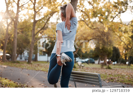 Stretching, park and legs of senior woman for running, training and workout with outdoor wellness, body goals and motivation. Warm up, healthy and fitness sports runner on path in nature for cardio Stretching, park and legs of senior woman for running, training and workout with outdoor wellness, body goals and motivation. Warm up, healthy and fitness sports runner on path in nature for cardio 129718359