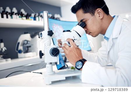 Microbiology, research and scientist in a lab with a microscope for science, healthcare innovation and bacteria analysis. Medical analytics, biotechnology and worker with test on future medicine Microbiology, research and scientist in a lab with a microscope for science, healthcare innovation and bacteria analysis. Medical analytics, biotechnology and worker with test on future medicine 129718389