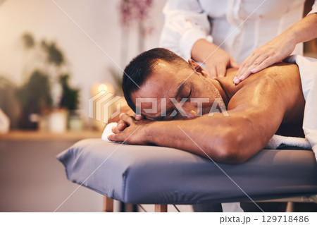 Sleep massage, spa therapy and man with luxury care, hotel wellness and muscle relax with hands of massage therapist. Zen hospitality, sleeping treatment and person at a salon for holiday relaxation 129718486