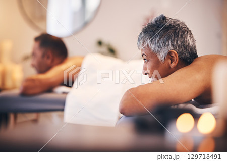 Senior woman, spa and man on massage bed with happiness, peace and relax for health getaway. Couple, wellness and physical therapy in salon, holistic body treatment and blurred background in Jakarta Senior woman, spa and man on massage bed with happiness, peace and relax for health getaway. Couple, wellness and physical therapy in salon, holistic body treatment and blurred background in Jakarta 129718491