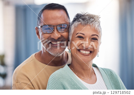 Portrait, love and senior couple hug with smile, loving and romantic together in lounge. Mexico, mature man and elderly woman embrace, happiness and bonding for relationship, marriage and cheerful. Portrait, love and senior couple hug with smile, loving and romantic together in lounge. Mexico, mature man and elderly woman embrace, happiness and bonding for relationship, marriage and cheerful. 129718502