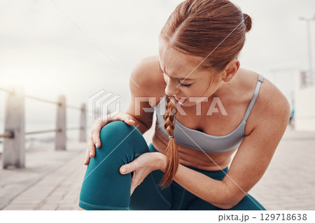 Woman holding leg, knee injury in outdoor exercise and injured joint inflammation from training. Person exercising with bruise, physical pain in muscle and athlete with medical emergency in sports 129718638