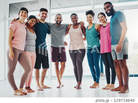 Fitness, yoga and portrait of people in class excited for pilates workout, exercise and training in gym. Sports club, diversity and group of happy friends smile for wellness, goals and healthy body 129718640