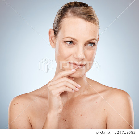 Makeup, woman and skincare for wellness, natural beauty and on grey studio background. Portrait, young female and lady face detox, cosmetics and organic facial, fresh treatment smooth and clear skin. 129718683