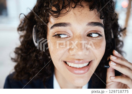 Customer support face, happy consultant or woman telemarketing, consulting or contact us CRM. Call center telecom, online e commerce or information technology consultation on microphone communication 129718775