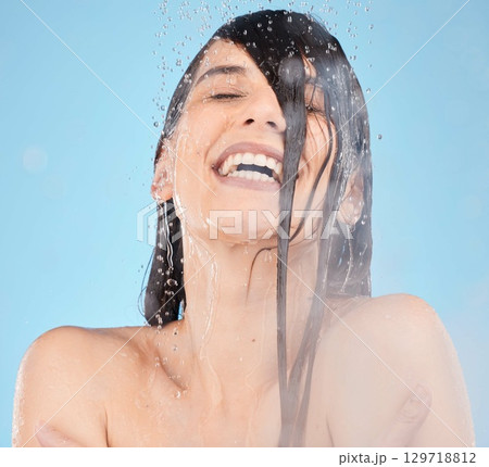 Shower, face cleaning and woman with water drop for morning self care treatment, bathroom grooming routine or hair care. Facial skincare, spa salon or beauty model washing body for hygiene healthcare Shower, face cleaning and woman with water drop for morning self care treatment, bathroom grooming routine or hair care. Facial skincare, spa salon or beauty model washing body for hygiene healthcare 129718812