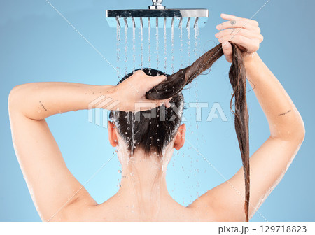 Shower head, woman and washing hair on blue background for healthy skincare, beauty and wellness in studio. Back of female model cleaning body, long hair and scalp with water splash, tap and bathroom 129718823