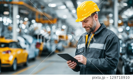 A smiling male engineer in a yellow hard hat and work uniform is using a digital tablet in a modern car factory. He is surrounded by cars in various stages of production 129718910