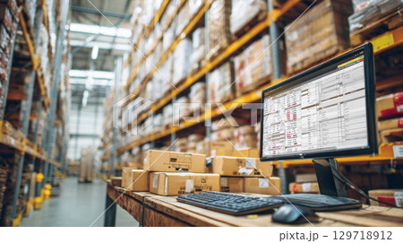 A computer monitor displays a logistics and inventory management program on a wooden desk in a warehouse. Cardboard boxes are stacked next to the computer, with shelves of goods in the background 129718912