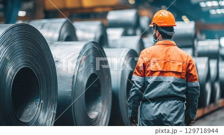 A factory worker or foreman is seen from behind, wearing a hard hat and uniform, looking at large rolls of metal or steel in a spacious industrial warehouse. Focus on heavy industry 129718944