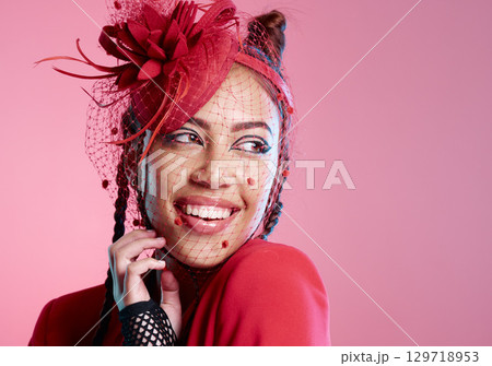 Fashion, edgy and trendy model in studio with stylish, red and elegant retro outfit. Happy, smile and woman posing in vintage, punk and 90s rock clothes isolated by pink background with mockup space. 129718953