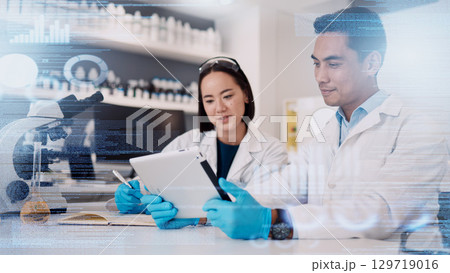 Science, tablet and people in data research overlay of pharmaceutical, future or software innovation in laboratory team collaboration. Digital graphic, biotechnology expert and data analytics design Science, tablet and people in data research overlay of pharmaceutical, future or software innovation in laboratory team collaboration. Digital graphic, biotechnology expert and data analytics design 129719016