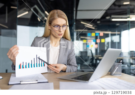 A professional woman in a modern office demonstrating business data analysis using a chart during a presentation or meeting. A professional woman in a modern office demonstrating business data analysis using a chart during a presentation or meeting. 129719038