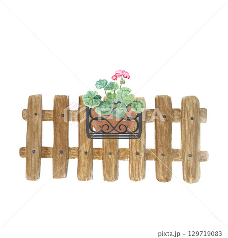 Wooden fence with pot of pink geraniums in wrought iron holder. Hand-painted perfect for cottage designs, outdoor illustrations, landscaping projects, floral compositions. Rustic garden watercolor Wooden fence with pot of pink geraniums in wrought iron holder. Hand-painted perfect for cottage designs, outdoor illustrations, landscaping projects, floral compositions. Rustic garden watercolor 129719083