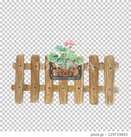 Wooden fence with pot of pink geraniums in wrought iron holder. Hand-painted perfect for cottage designs, outdoor illustrations, landscaping projects, floral compositions. Rustic garden watercolor Wooden fence with pot of pink geraniums in wrought iron holder. Hand-painted perfect for cottage designs, outdoor illustrations, landscaping projects, floral compositions. Rustic garden watercolor 129719083