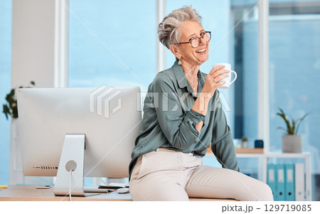 Office, coffee break and portrait of woman boss happy with business career success, company management and workspace. Relax corporate employee, coffee cup drink and computer for workplace inspiration Office, coffee break and portrait of woman boss happy with business career success, company management and workspace. Relax corporate employee, coffee cup drink and computer for workplace inspiration 129719085