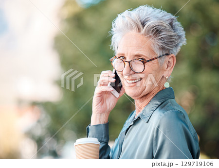 Business woman, phone call and coffee with communication, conversation and portrait with happy smile outdoor in Australia. Senior female on break, mobile smartphone and happiness with talk to contact Business woman, phone call and coffee with communication, conversation and portrait with happy smile outdoor in Australia. Senior female on break, mobile smartphone and happiness with talk to contact 129719106