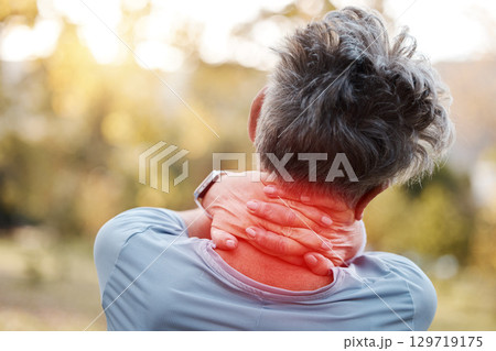 Woman, neck pain and hands on red injury after exercise, running and cardio workout outdoor with burnout, stress and health problem. Senior person in nature for run with a massage after body accident Woman, neck pain and hands on red injury after exercise, running and cardio workout outdoor with burnout, stress and health problem. Senior person in nature for run with a massage after body accident 129719175