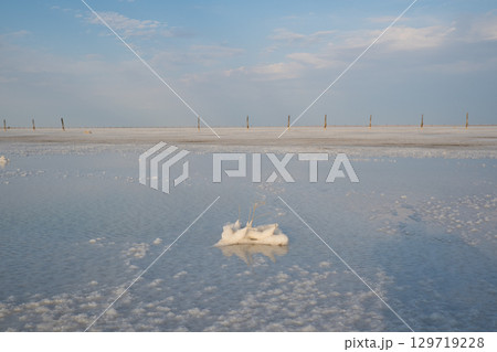 White salt desert lake Baskunchak, Astrakhan region, Russia. 129719228