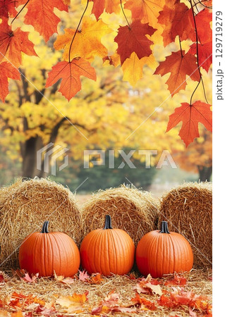 Autumn Fall Harvest Festivals scene with pumpkins and hay bales under colorful fall leaves. 129719279