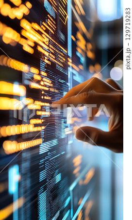 Futuristic interface with touchscreen and digital data in blue and orange. 129719283