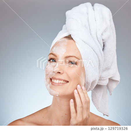 Beauty, skincare and face mask for woman in studio for clean, healthy and skin glow after dermatology and cosmetics facial on studio background. Colombia model with a smile and happiness for results Beauty, skincare and face mask for woman in studio for clean, healthy and skin glow after dermatology and cosmetics facial on studio background. Colombia model with a smile and happiness for results 129719326