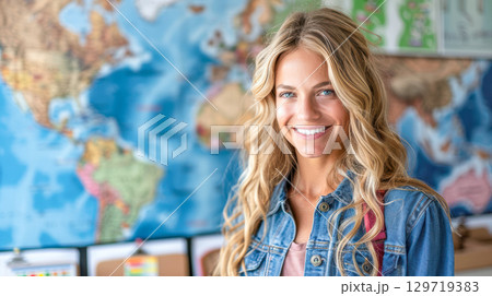Smiling young woman with long hair standing in front of a colorful world map in a classroom 129719383