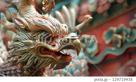 A close-up of a colorful dragon sculpture, intricately carved with detailed features. The dragon symbolizes strength and good fortune in Taiwanese culture, Double Tenth Day 129719438
